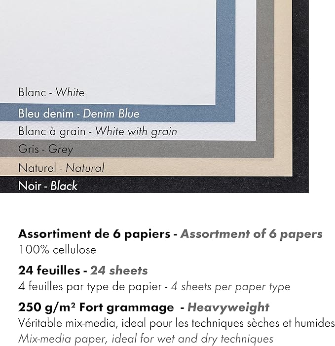 Clairefontaine - Ref 975411C - Paint'ON Multi-Technique Assorted Colour Paper Pad (24 Sheets) - A3 Size, 250gsm Heavyweight Paper, Slight Rough Grain, Acid Free, pH Neutral