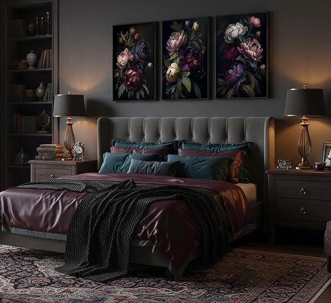 3 Pcs Moody Floral Canvas Wall Art Vintage Dark Peony Flowers Botanical Still Life Painting Picture Wall Decor Poster Print Artwork for Living Room Bedroom Women Room Home Decoration Unframed