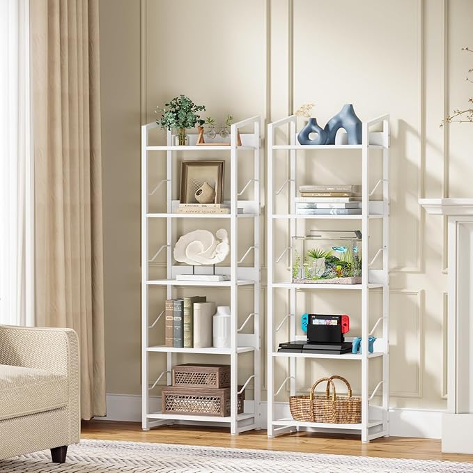 Hosfais 5 Tier Tall Bookshelf: Industrial Wood Book Shelf with Edge Protection Metal Narrow Bookshelf Bookcase Storage Organizer Display Rack for Living Room Home Office (White)