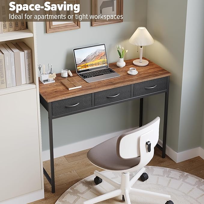 WOHOMO Computer Desk with Drawers, 39.3 Inch Small Vanity Desk with Storage, Home Office Bedroom Desk for Small Spaces, Modern Work Writing Study Gaming Tables, Rustic Brown