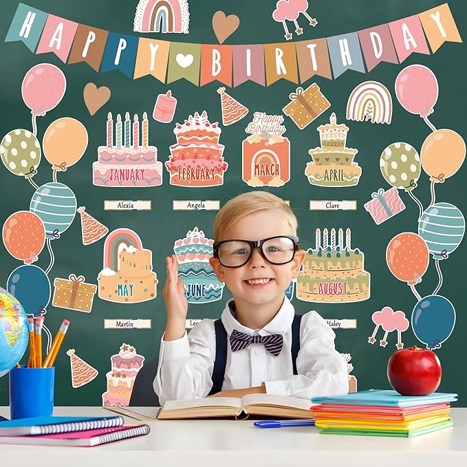 87 Pcs Boho Birthday Bulletin Board Decorations Boho Classroom Bulletin Decor Happy Birthday Board Cutouts for School Classroom Chart Calendar Wall Decor