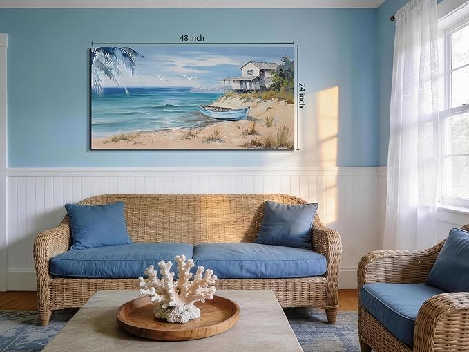 Arjun Blue Coastal Wall Art for Living Room Seascape Beach Painting Bedroom Wall Decor Ocean Picture Large Artwork Home Office Wall Decor, 48"x24"