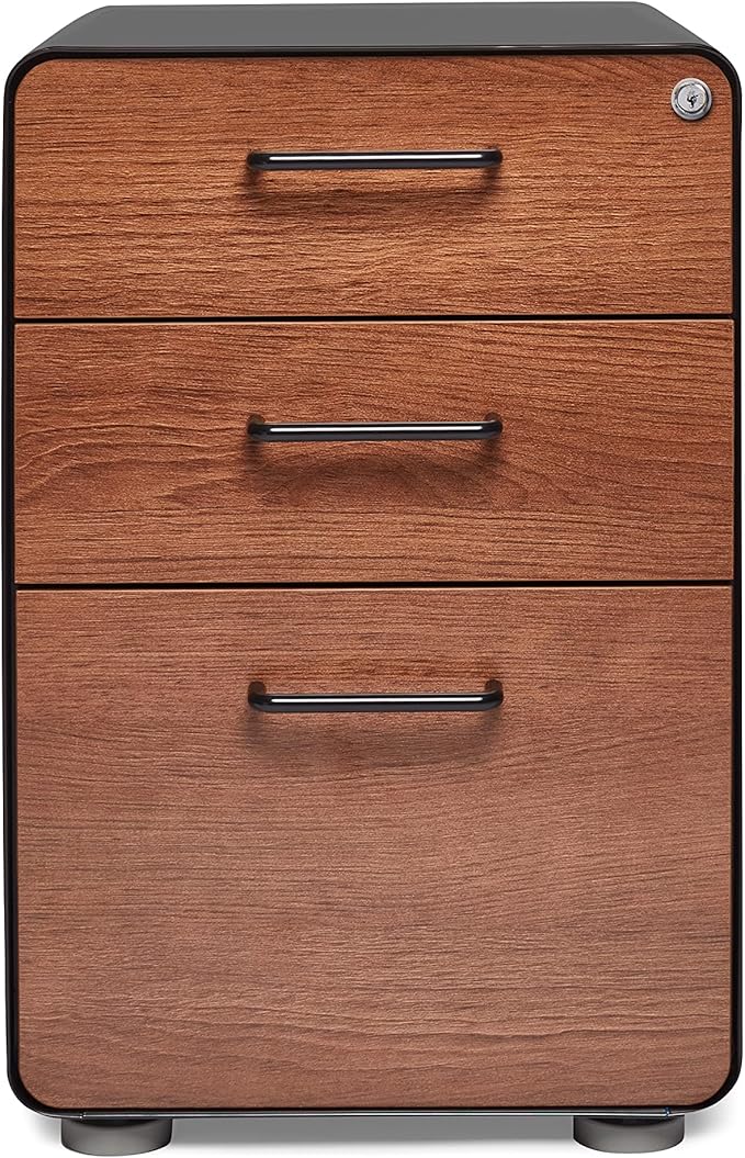 Poppin Stow 3-Drawer File Cabinet - Black + Walnut, 2 Utility Drawers and 1 Hanging File Drawer, Fully Painted Inside and Out, Powder-Coated Steel, Two Keys Included, Stationary