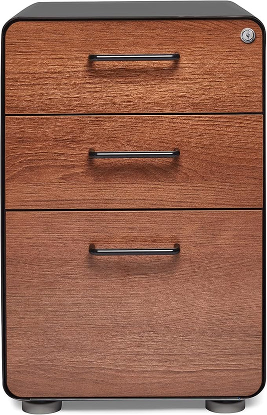 Poppin Stow 3-Drawer File Cabinet - Black + Walnut, 2 Utility Drawers and 1 Hanging File Drawer, Fully Painted Inside and Out, Powder-Coated Steel, Two Keys Included, Stationary