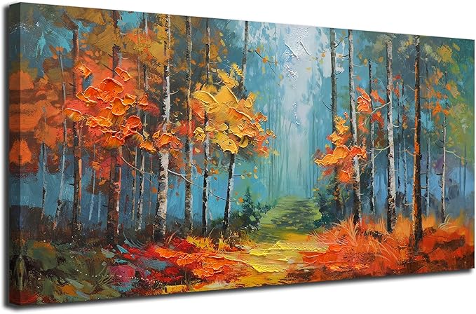 Arjun Nature Wall Art for Living Room, Landcape Canvas Forest Painting for Bedroom, Framed Textured Reddish Artwork Large Picture Dining Room Kitchen Home Office Wall Decor 40"x20"