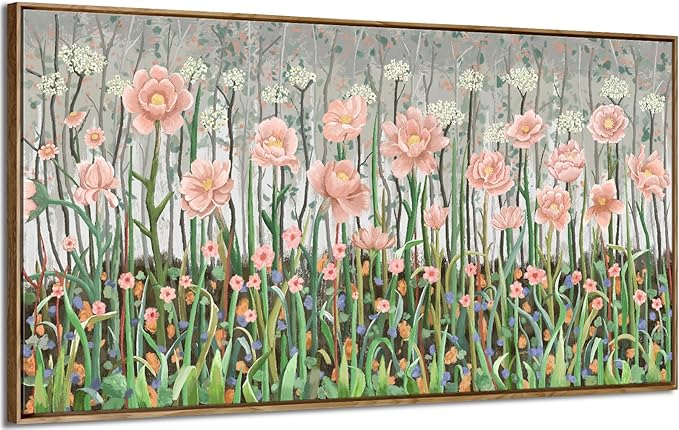 amatop Extra Large Modern Floral Wall Art: Framed Abstract Botanical Print in Pink & Green, Ready-to-Hang for Living Room, Bedroom, Office Decor (48x24 in)