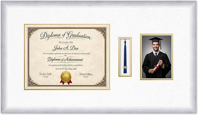 Diploma Tassel and Photo Frame Stainless Silver Shadowbox Oyster Shell Over Gold Mat - Fits 13 x 10 Degree Picture Made in the USA