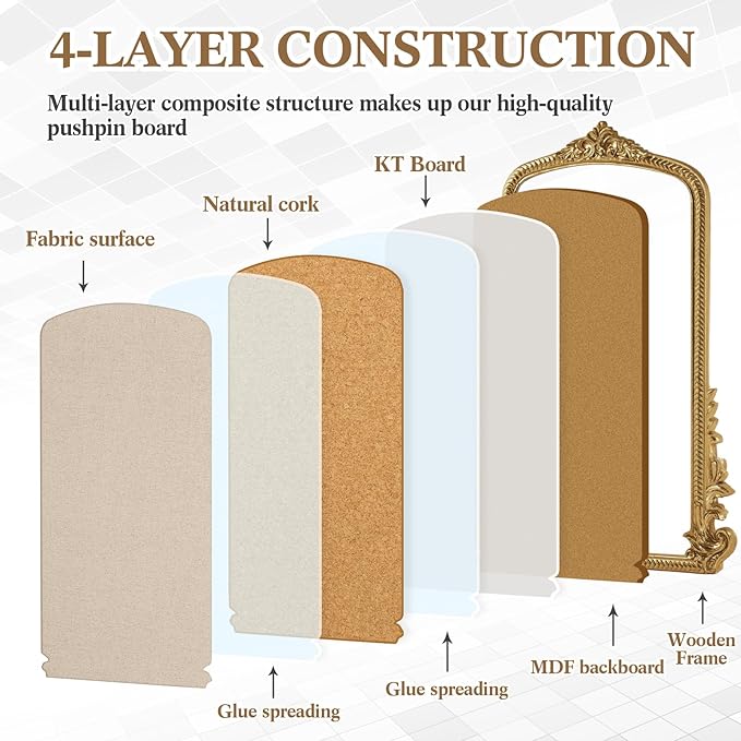 Vintage Framed Pin Board Linen Display Bulletin Board Large Cork Fabric Picture Photo Pinboard Memo Ornate Decorative Pinboard Ornate for Wall Gift(Arch,19" X 31",Gold)