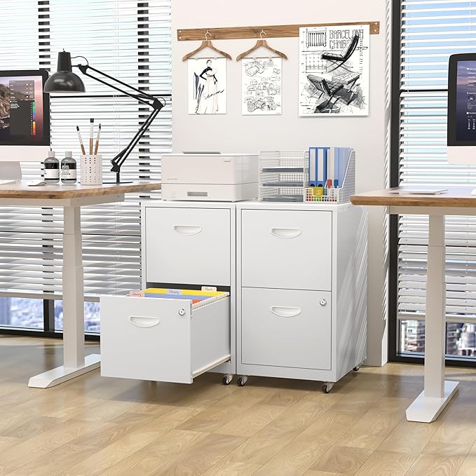 2 Drawer Mobile File Cabinet with Lock, White Metal Filing Cabinets with Wheels, Vertical Rolling File Cabinet Fit Hanging Files, Letter and A4 Documents