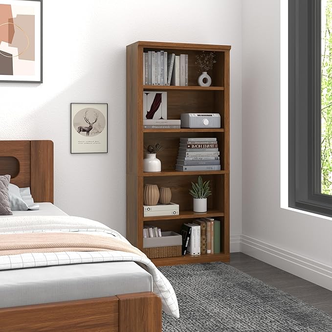 5-Tier Bookshelf Basic Book Case, Wooden Storage Shelves Rustic Bookshelf, D:12.8" x W: 30.7" x H: 68.4", Sturdy Display Cabinet for Living Room, Library, Office, Bedroom, Classic Oak