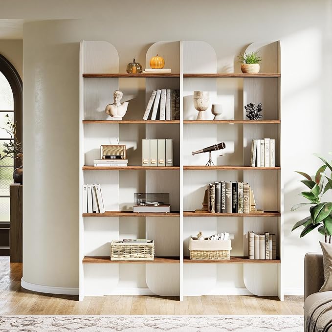 Tribesigns 5-Tier Farmhouse Bookshelf, 70.87-Inch Tall Double Wide Bookcase with Open Shelves, Vintage Floor Standing Book Shelf (2, White+Brown)