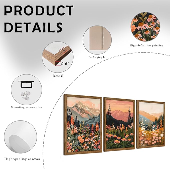 InspiredHues Colorful Landscape Boho Canvas Wall Art Set, 3 Piece Wildflower Mountain Wall Decor, Vintage Floral Rustic Nature Artwork Prints for Living Room Bedroom Office 16x24 Inch Wood Framed