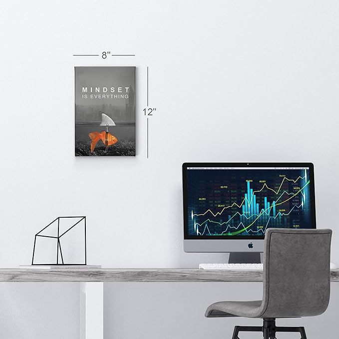 Smile Art Design Mindset is Everything Wall Art Canvas Print Black and White Goldfish Shark Entrepreneur Inspirational Motivational Quote Living Room Office Decor Ready to Hang 40x30
