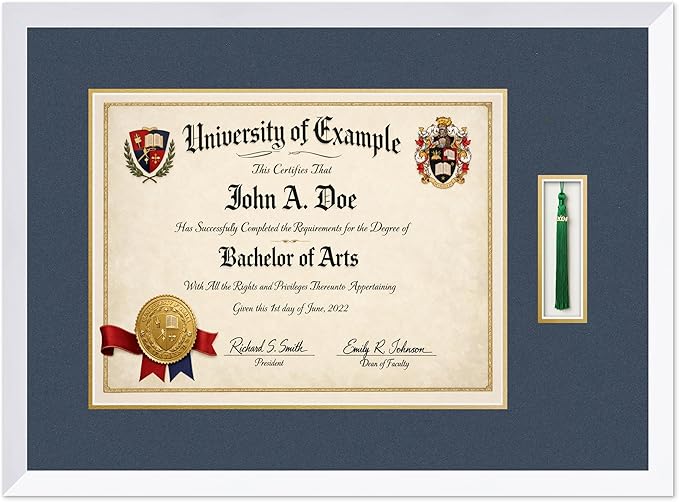 CountryArtHouse Diploma and Tassel Frame Fits 17 x 13 International Diploma with Tassel Hoo Bright White Genuine Hardwood Shadowbox with Navy Blue Over Metallic Gold Double mat