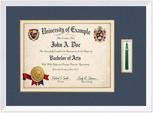 CountryArtHouse Diploma and Tassel Frame Fits 17 x 13 International Diploma with Tassel Hoo Bright White Genuine Hardwood Shadowbox with Navy Blue Over Metallic Gold Double mat