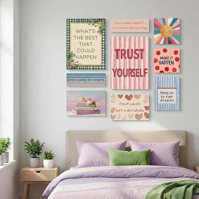 Motivational Wall Decor Posters Inspirational Wall Art for Living Room Bathroom Bedroom Decor For Teen Girls - Wall Decor Office Gifts For Women With Framed Canvas Set of 9 Artwork Ready to Hang