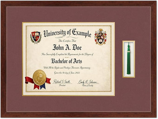 CountryArtHouse Diploma and Tassel Frame Fits 15 x 12 Military/Government with Tassel Hook Rustic Walnut Genuine Hardwood Shadowbox with Dark Red Over Metallic Gold Double mat