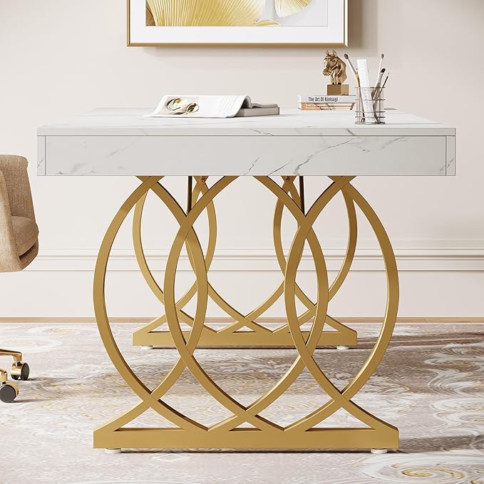Tribesigns 63-Inch Executive Desk, Modern Office Computer Desk with Stylish Gold Legs, Rectangular Workstation for Home Office, Small Conference Table for Meeting Room (White & Gold)