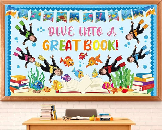 Summer Ocean Bulletin Board Decorations Set Get Dive into a Great Book Reading Theme Classroom Paper Cutouts Under The Sea Marine Fish Bulletin Board Decor for Back to School Teacher Chalkboard Wall