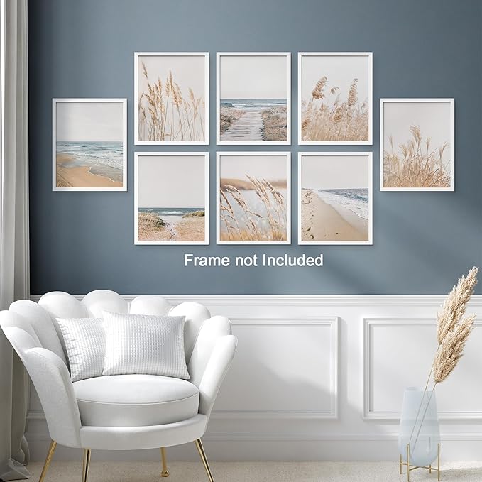 SIGNWIN Poster Wall Art Set of Coastal, Beach Ocean Nature Landscape Prints, Pampas Grass for Living Room, Bedroom, Office - 8"x10"x 8
