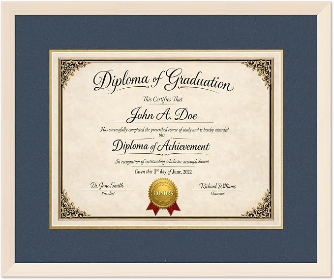 Diploma Frame Coastal Whitewash with Navy Blue Over Gold Double Mat - Fits 17 x 13 International Diploma Wall Display Made in the USA