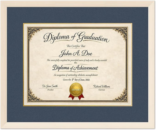Diploma Frame Coastal Whitewash with Navy Blue Over Gold Double Mat - Fits 17 x 13 International Diploma Wall Display Made in the USA