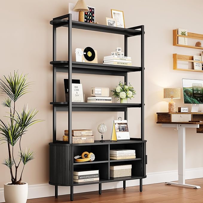 5 Tier Bookshelf with Fluted Cabinet, Tall Bookcase with Sliding Door, Metal and Wood Display Shelf, Free Standing Storage Shelving Unit, Corner Storage Organizer for Living Room, Home Office, Black
