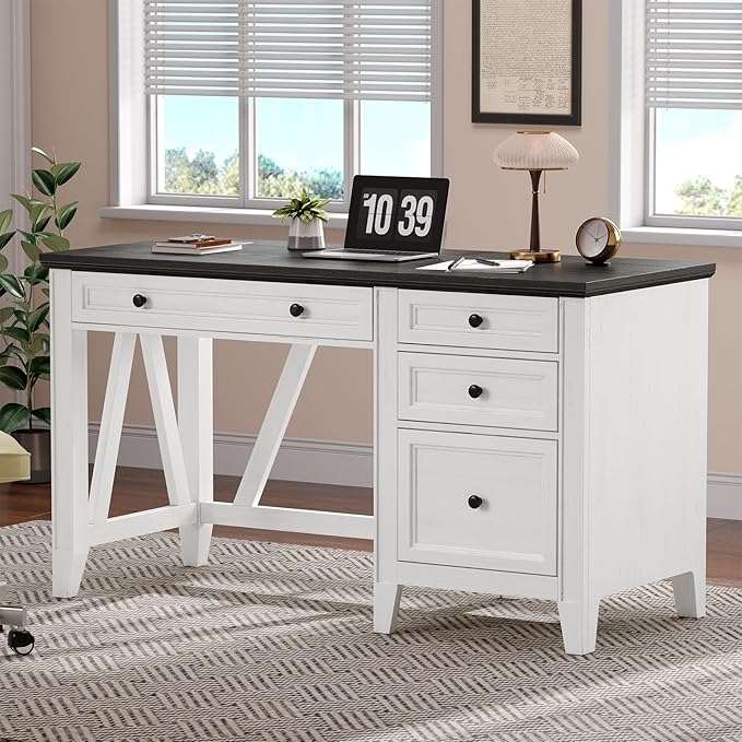 ONBRILL 54 Inch Farmhouse Executive Desk, Computer Desk with Storage Drawers & File Drawer, Modern Home Office Desk with Charging Station for Working, Studying, Writing, Brown (White)