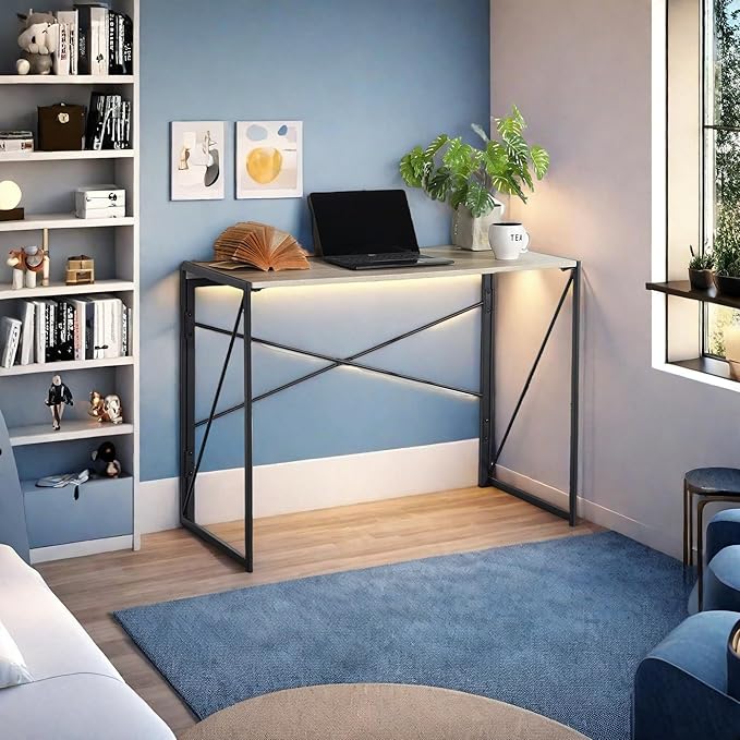 Homy Casa 39.4 Inch Foldable Laptop Desk, Space-Saving Computer Table with No Assembly Required, Sturdy Metal Frame, Minimalist Design for Home Office, Study, or Small Spaces, Oak