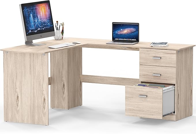 SHW 51 x 59 Inches L-Shaped Home Office Wood Corner Desk with Box Box File Drawers, Maple