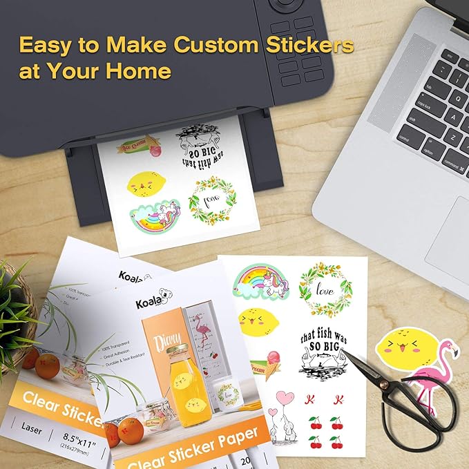 Koala Printable Clear Sticker Paper - ONLY for LASER Printer - 8.5x11 Inch 20 Sheets Full Sheet 100% Transparent Label Paper for DIY Personalized Decals, Labels