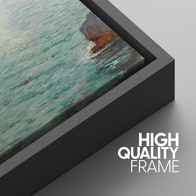 SIGNWIN Framed Canvas Print Wall Art Set Coastal Seascape Classic Ocean View with Sailboat and Rocky Shoreline Illustrations Modern Art Decorative for Living Room, Bedroom, Office - 24"x36"x3 Black