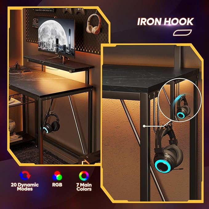 Bestier Gaming Desk with Power Outlets, 42" L-Shaped Gaming Desk with LED Lights, Desk with Reversible Storage Shelves & Hooks for Small Spaces, Bedrooms & Offices, Marble Black
