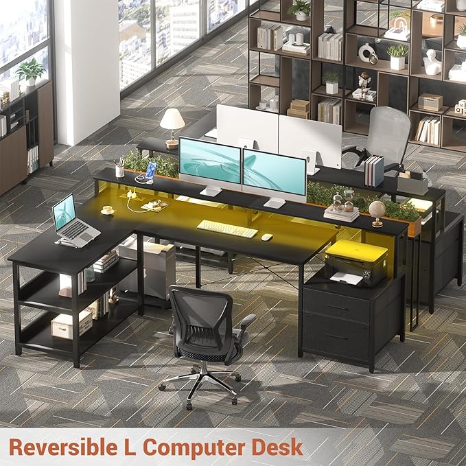Aheaplus L Shaped Desk with File Drawer, 72.8" Reversible L Shaped Computer Desk with Power Outlet & LED Strip, Gaming Desks with Long Monitor Stand, Corner Office Desks with Storage Shelf, Black