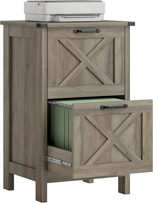 HOMCOM 2 Drawer Vertical File Cabinet with Silent Slides, Rustic Farmhouse Filing Cabinet with Barn Doors for A4/Letter Size, Printer Stand with Storage for Home Office, Distressed Gray