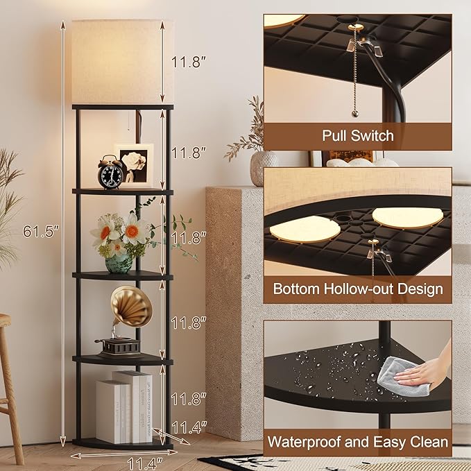 Floor Lamp with Shelves, Modern 5 Tier Corner Shelf Lamp with 3 Color Temperature Bulb, Storage Home Decor Organizer Shelves for Bedroom Living Room, Black