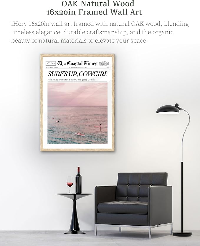 iHery Framed Trendy Coastal Cowgirl NewsPaper Wall Art Prints,Beige OAK Wood Large 16x20in Canvas Wall Decor For Bedroom,Western Vintage Bar Cart,Dorm Retro Surfing Up For Living Room 1Pack