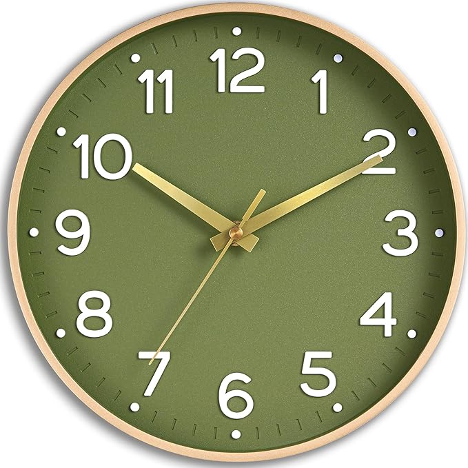 Wall Clock 14 Inch Silent Green Wall Clocks Battery Operated- Modern Non Ticking Analog Clock Decorative for Living Room Bedroom Office Kitchen(Gold)