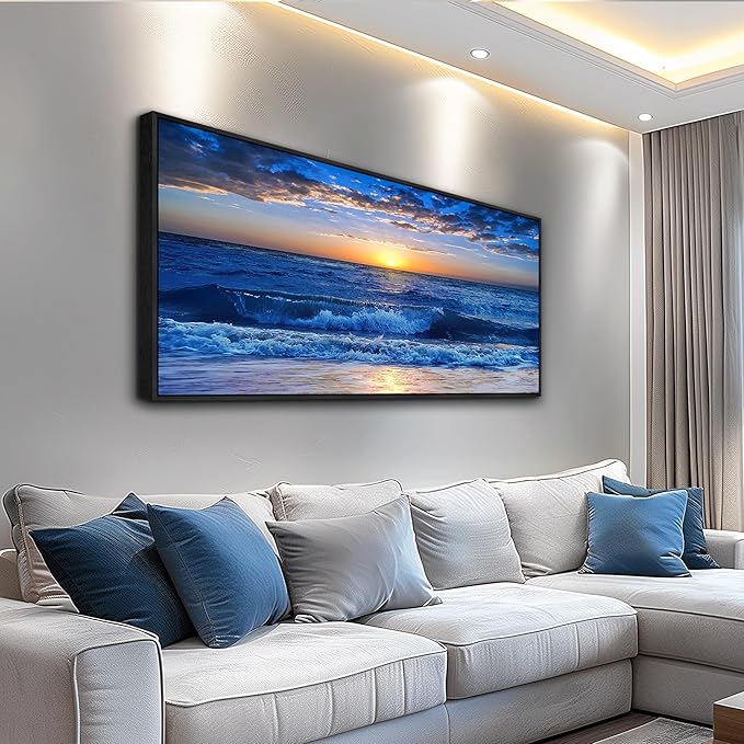 Sea Beach Framed Canvas Wall Art For Living Room Wall Decor For Bedroom Home Decor Blue Ocean Canvas Pictures Artwork Sunny Sea View Wave Painting Office Wall Decorations Black Framed 20" X 40"
