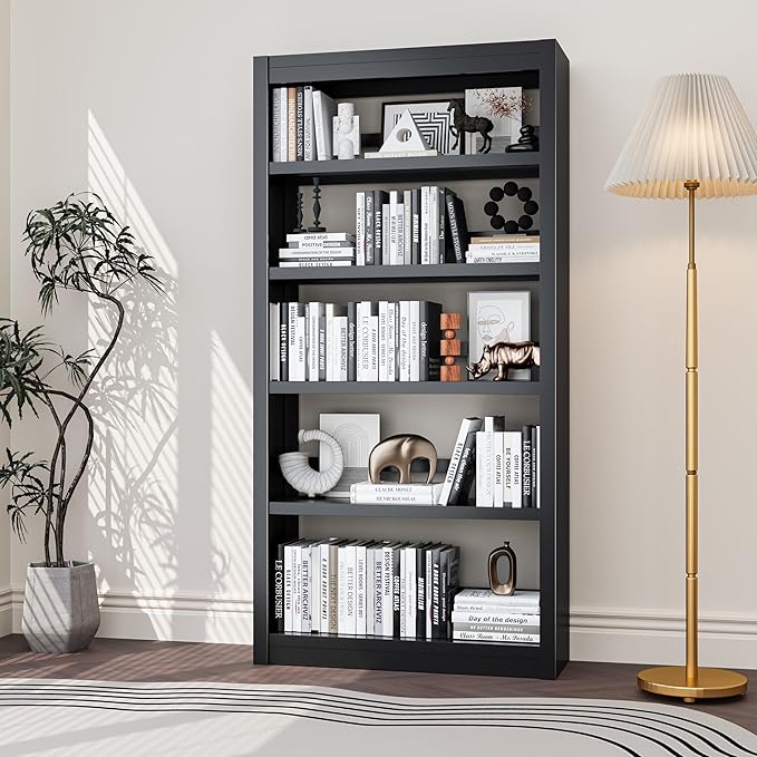 Black Bookshelf，6-Tier Bookcase with Adjustable Storage Shelves，Metal Bookshelf with Book Stopper for Living Room, Home Office, Library