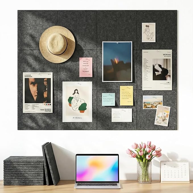 Aothia 12-Pack Felt Bulletin Board Tiles for Walls - 48x36 Modular Bulletin Board, Cork Board Alternative Pin Board for Office & Classroom, 70 Adhesive Tabs & 40 Push Pins Included (Charcoal Gray)