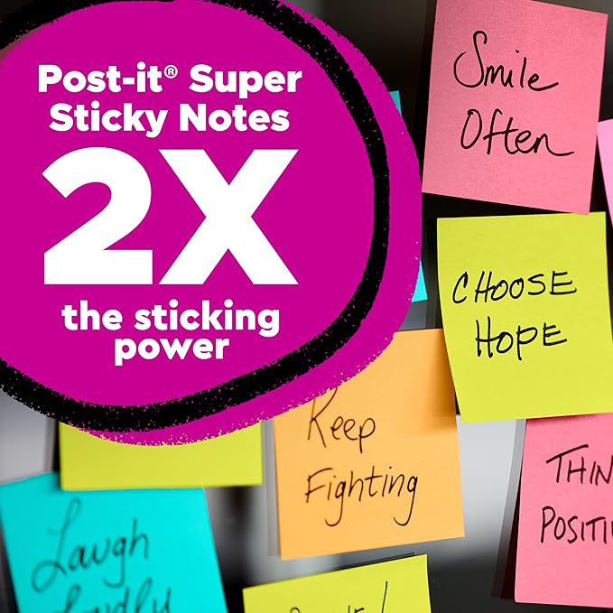 Post-it Super Sticky Notes, 15 Sticky Note Pads, 3 x 3 in, School Supplies, Office Products, Notes for Vertical Surfaces, Monitors, Walls and Windows, Assorted Colors