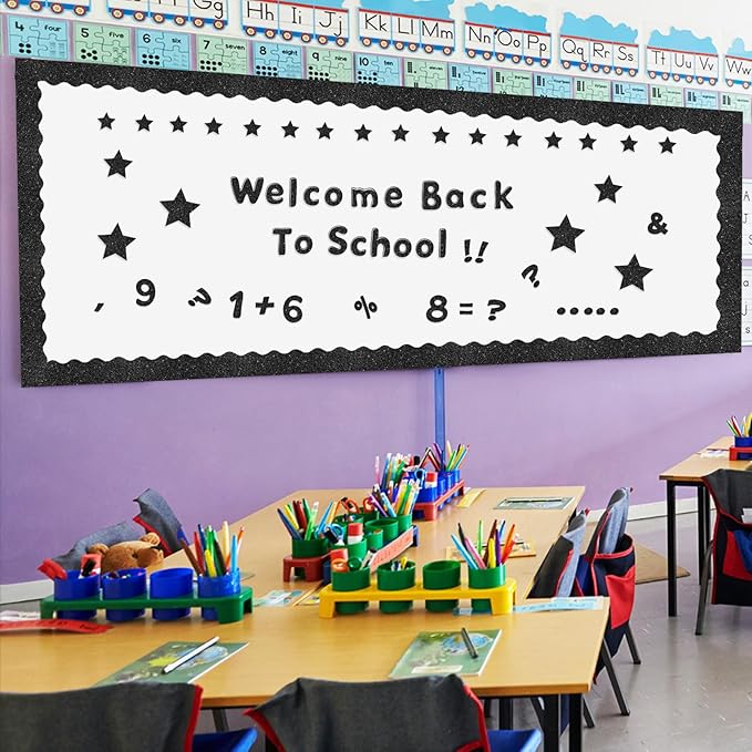 Kosiz Black Glitter Bulletin Board Decoration Set 118 ft Scalloped Winter Bulletin Board Borders Classroom Poster Border Trim with 257 Pcs Letter Number Symbol Cutout for School Christmas Decor