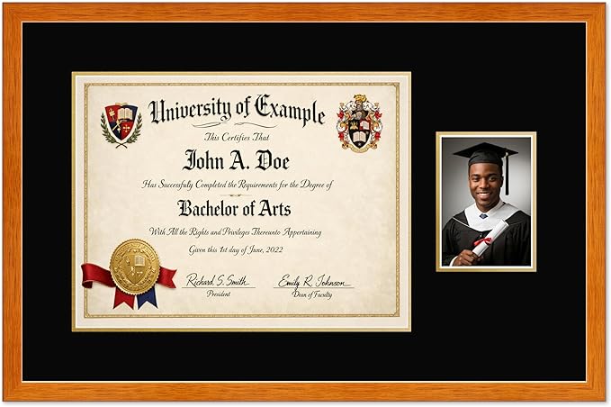 CountryArtHouse Fits 17 x 13 International Diploma and 5 x 7 Photo Diploma and Photo Frame Honey Oak Genuine Hardwood with Black Over Metallic Gold Double mat