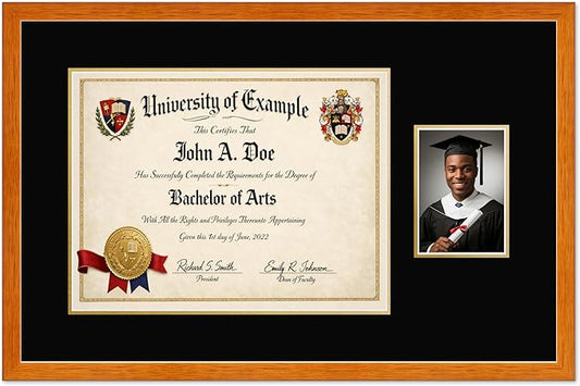 CountryArtHouse Fits 17 x 13 International Diploma and 5 x 7 Photo Diploma and Photo Frame Honey Oak Genuine Hardwood with Black Over Metallic Gold Double mat