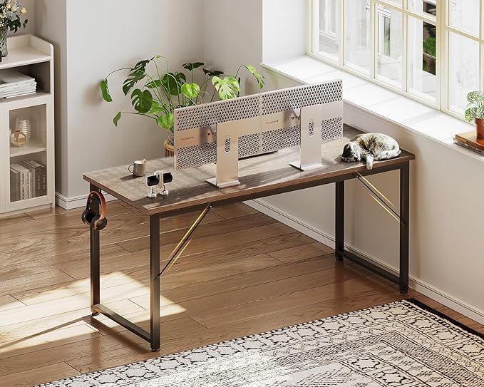 Casaottima 54 Inch Computer Desk for Home Office, Study Writing Table for Small Spaces, Simple Modern Desk with Headphone Hooks, Grey Oak