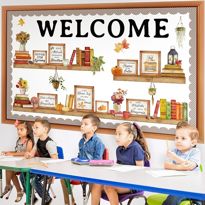 Qilery Bookshelf Bulletin Board Set Welcome Fall Motivational Classroom Decor Reading Library Bulletin Board Set Inspirational Cutout for Back to School Classroom Decoration