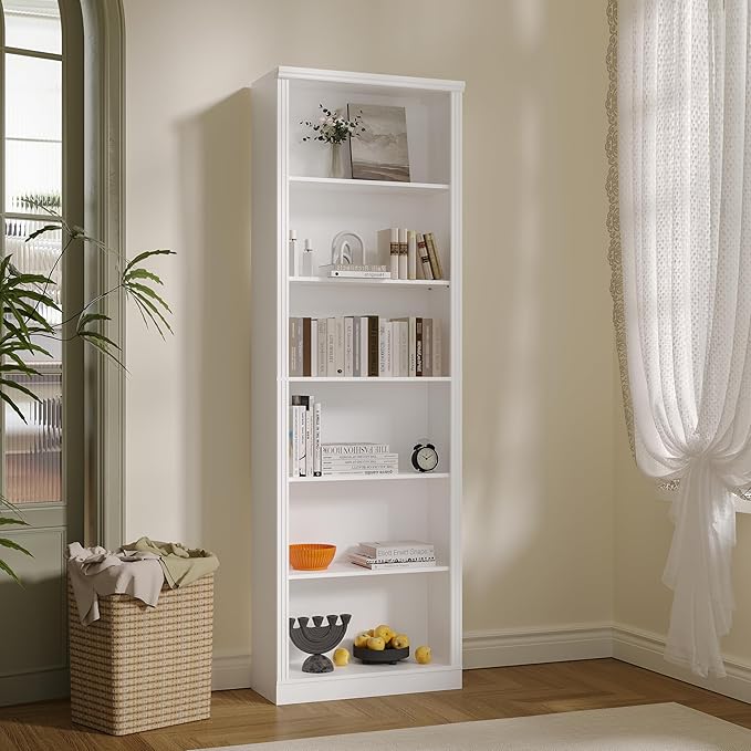 Tall Bookshelf, 6-Tier Bookcase with 2 Adjustable Shelves, Modern Farmhouse Storage for Living Room, Entryway, Office, 23.6" W x 74.8" H x 10.6" D, White