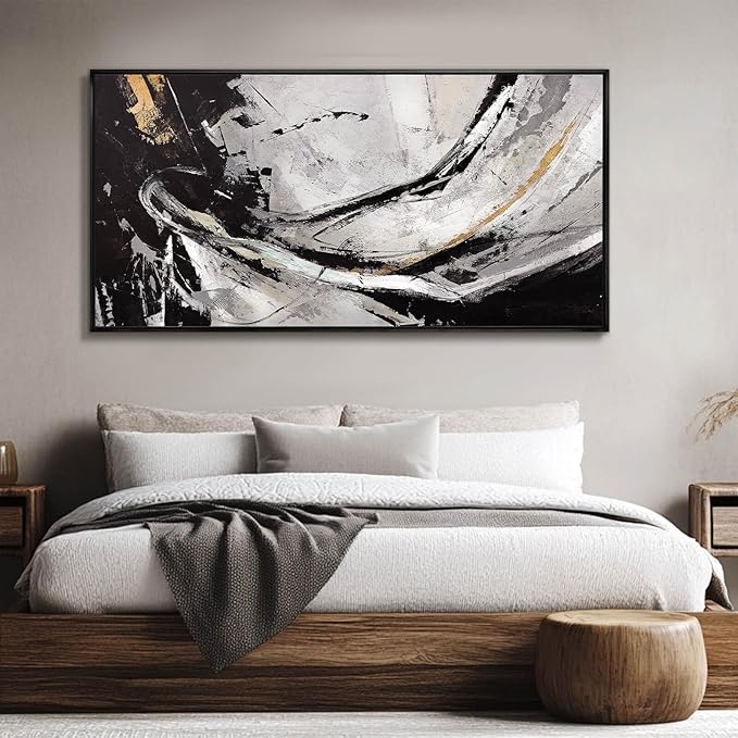 Home Decor Black and White Abstract Painting for Office Bedroom Decorations Framed Canvas Wall Prints Gold Pictures Wall Art for Home 29"x 58"