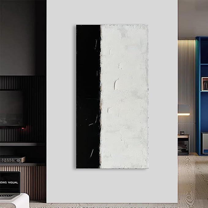 NANKAI Art Hand-painted Minimalist style oil painting, abstract black and white art, 24x48 inches. Contemporary home office wall decoration painting
